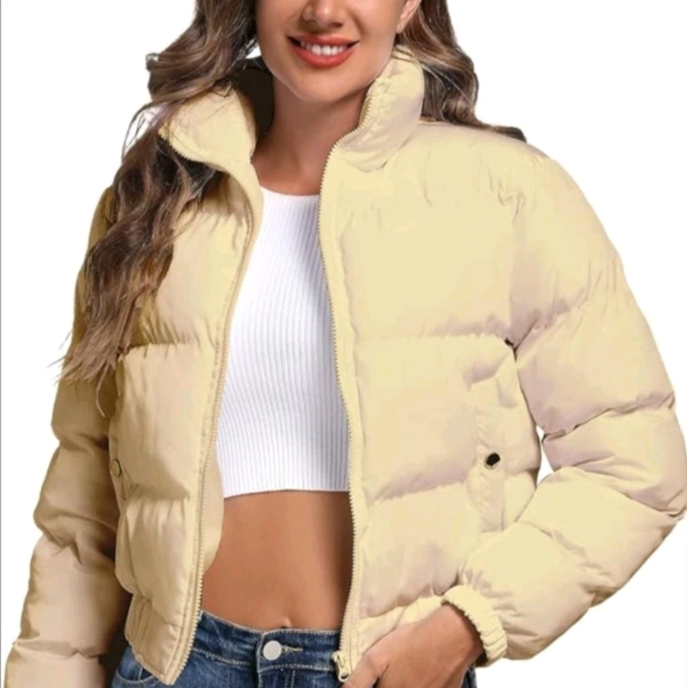 Womens Crop Puffer Jacket 2XL Warm Winter Lightweight‎ Coat Fashion Cream